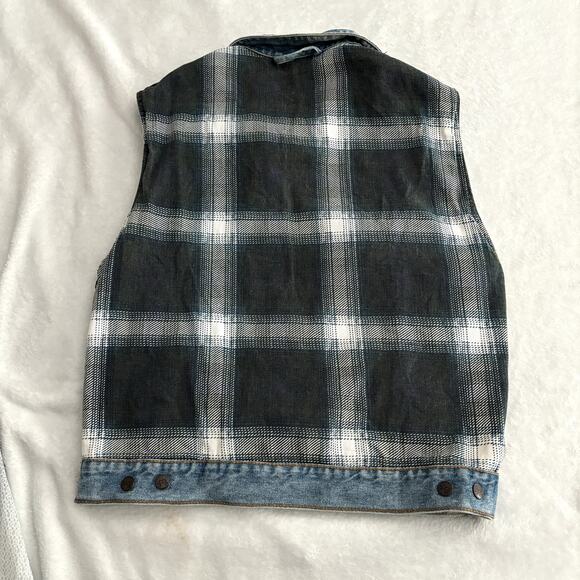 Mickey Mouse Inc World Travelers REVERSIBLE Denim Vest Mens Medium Plaid Vtg 90s - Picture 12 of 13